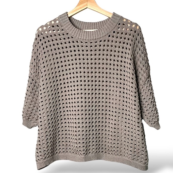 DR 2 Tan Open Knit Short Sleeve Cropped Crew Neck Sweater US Sz L - Picture 1 of 8